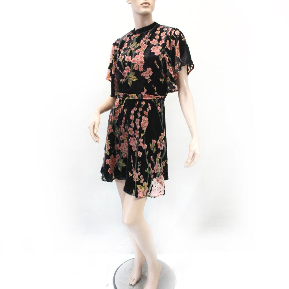 Bishop + Young Velvet Short Dress Babydoll Floral Zip Tie Waist Bow Back Lined S